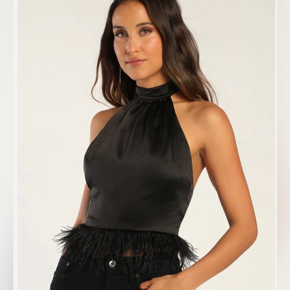 Lulus open back halter silk feather top